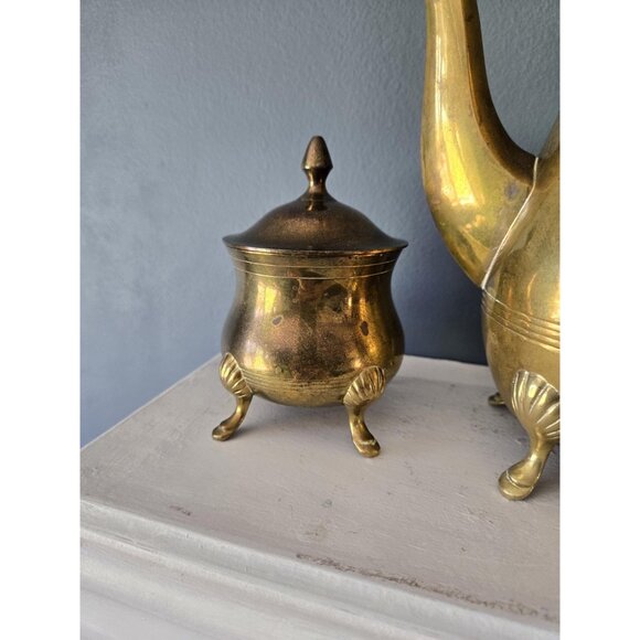 Vintage Brass Coffee Set Tall Pot, Cream & Sugar Dish Made in India Gold Metal - Picture 7 of 10